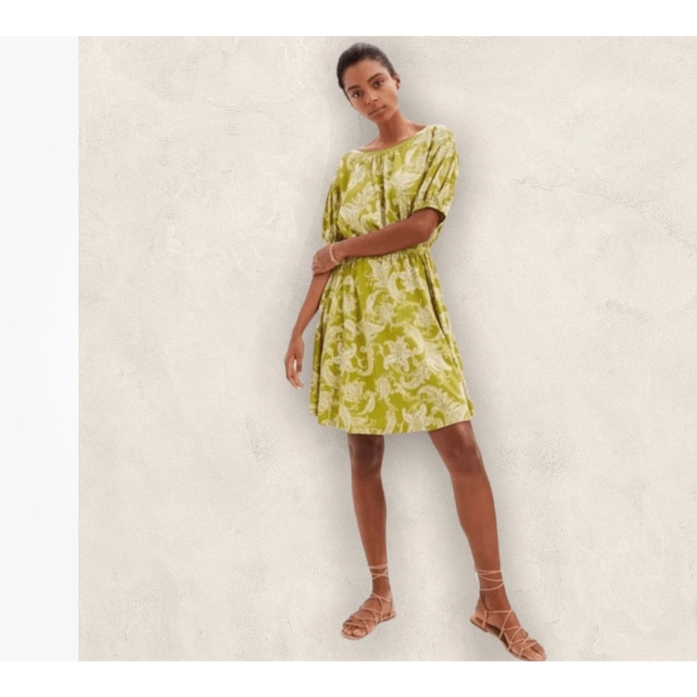 Linen Blend Lime Green Printed Short Dress